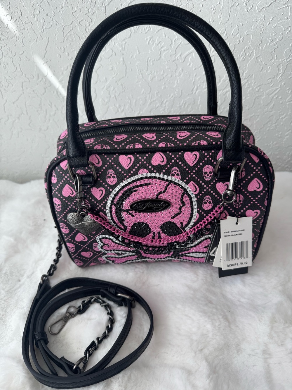 Ed Hardy Black & Pink Skull Heart Satchel